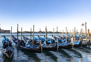 Gondolas at rest in Venice Italy